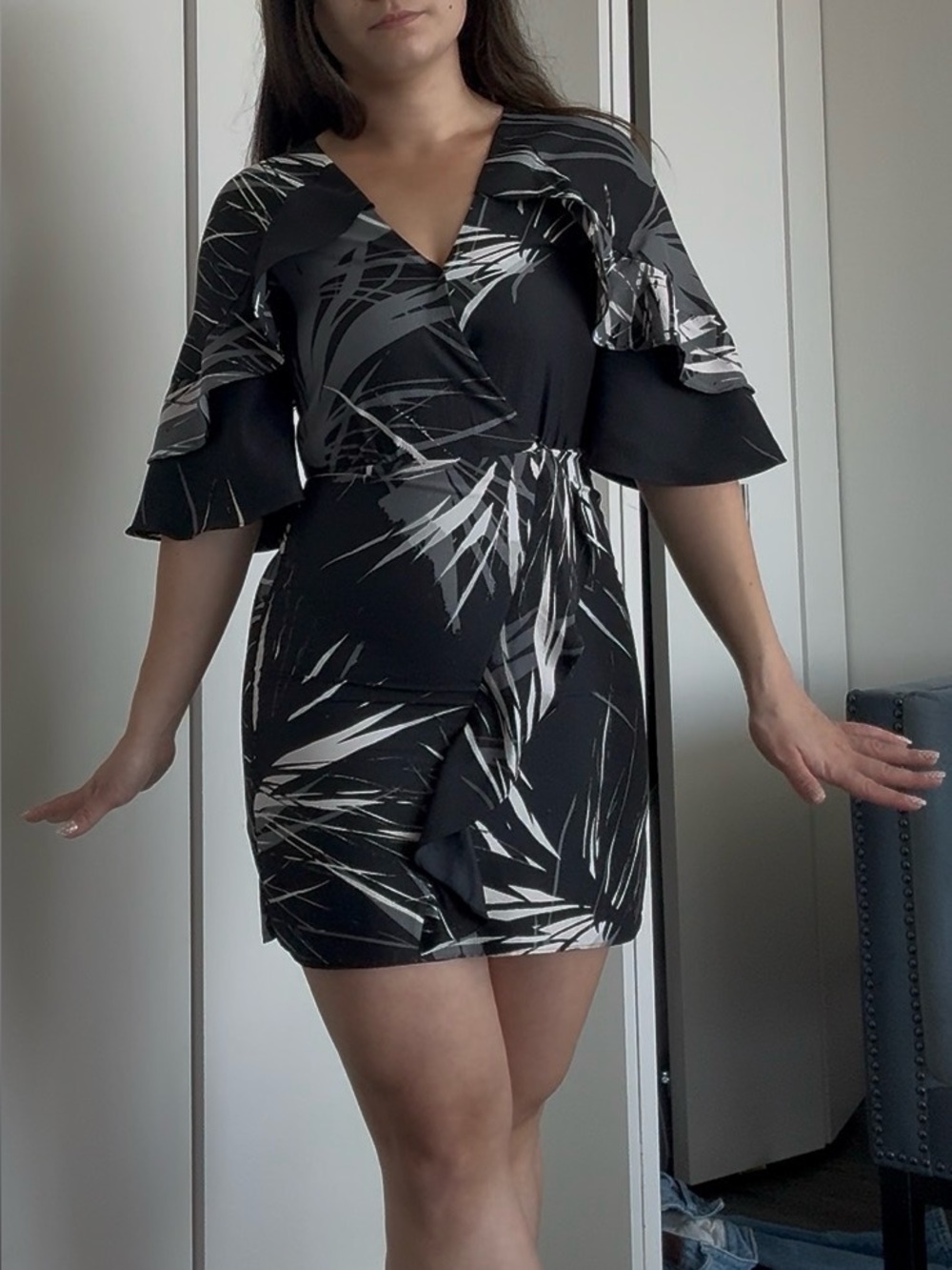 Black & White Printed Ruffle Dress